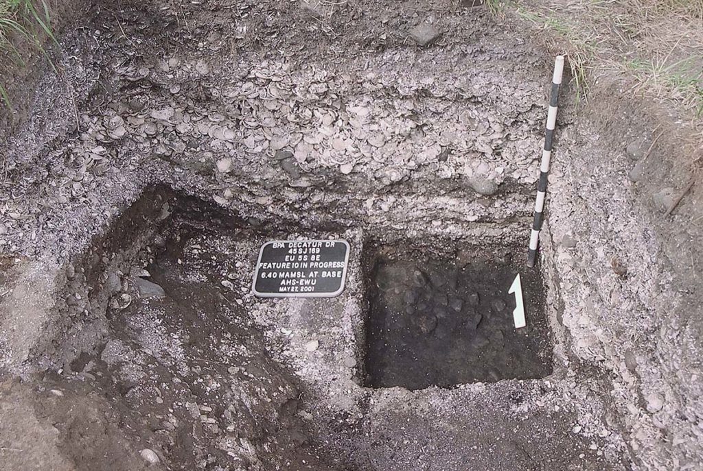Photo of a dig site. There is a square hole in the middle with a stripped pole denoting where it is.
