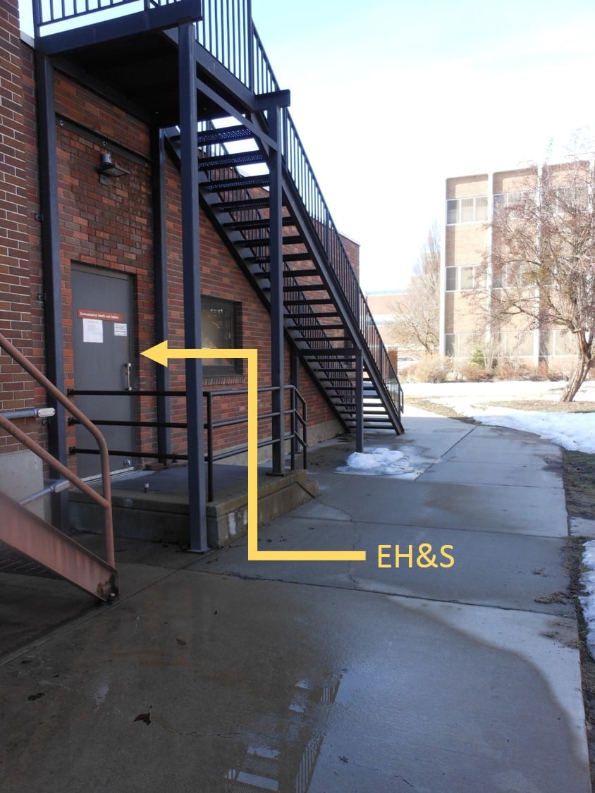 Image showing the location of the EH&S offices, taken standing outside the stairs in the back of Martin Hall