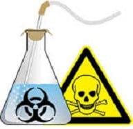 laboratory flask with the biohazard symbol on it and a skull and crossbones warning sign