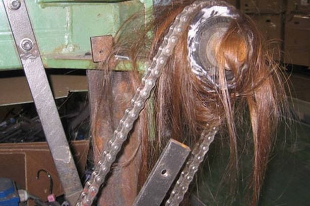 image of a piece of machinery that has a large amount of hair caught in it from unsafe work practices