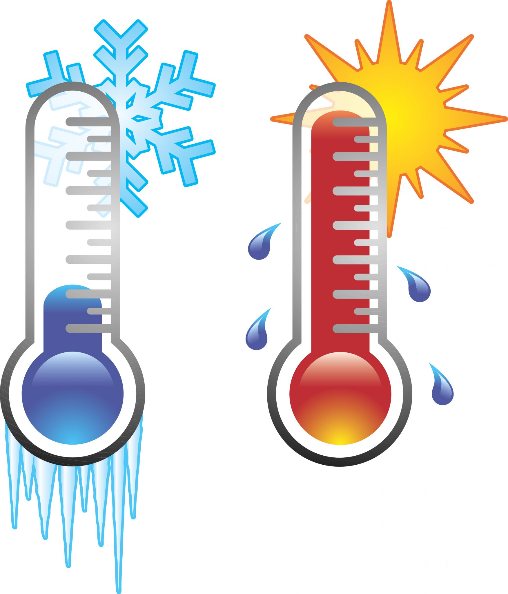 Thermometer reading cold temperature with snowflake behind it and thermometer reading hot temperature with a sun behind it