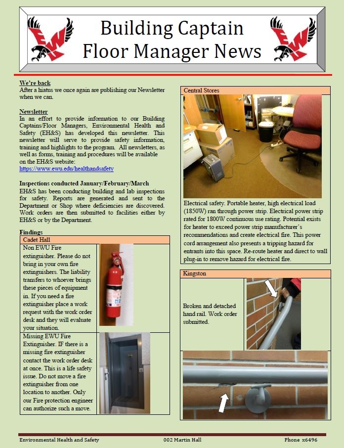 Page 1 of the March 2017 Building Captain and Floor Manager Newsletter