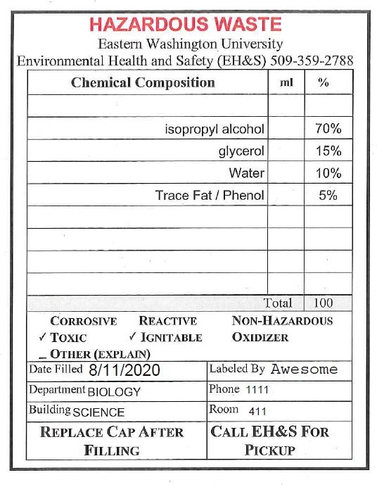Example of a hazardous waste label with components typed