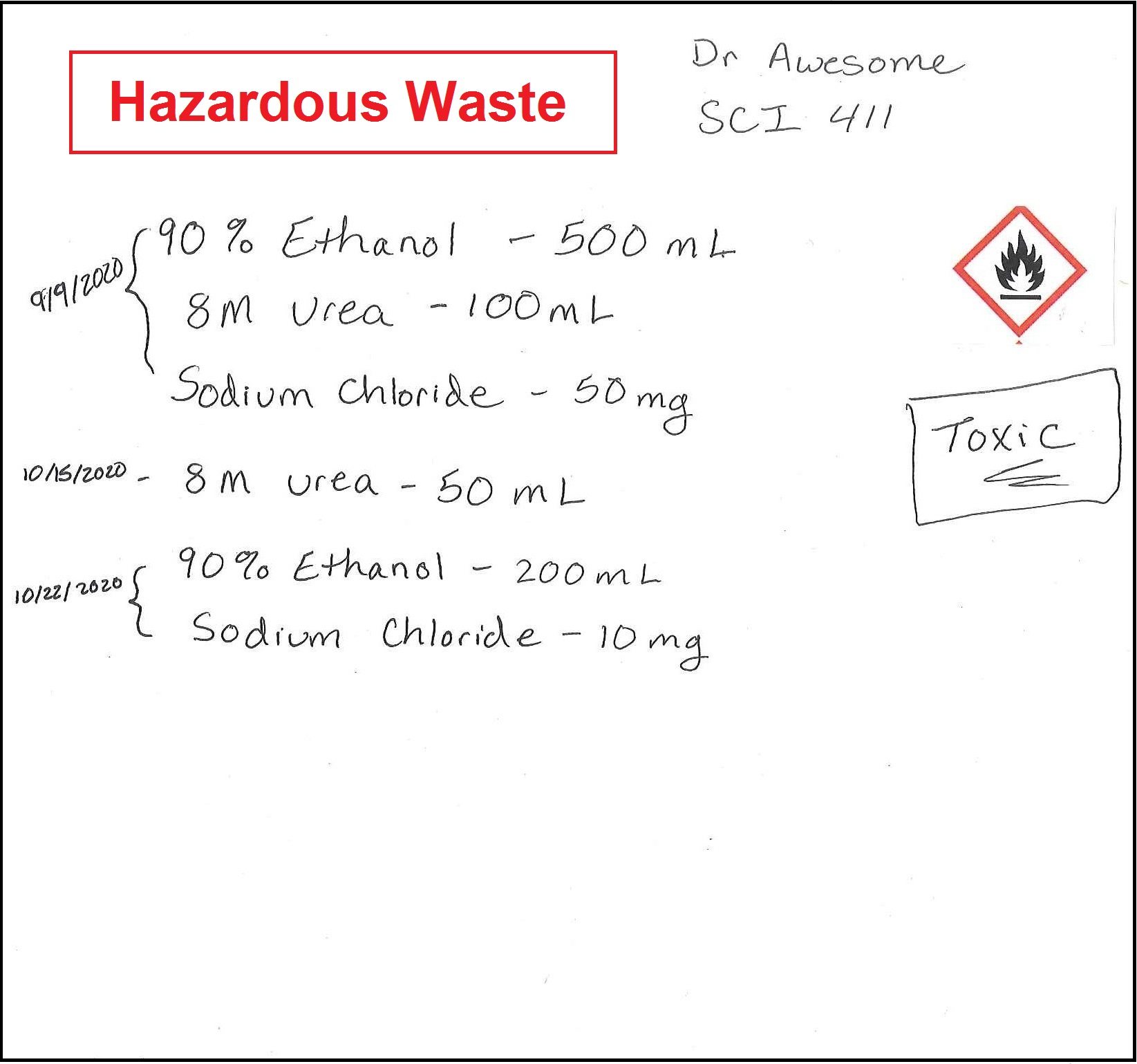 Example waste label for a container that is still being filled.