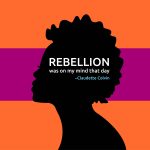 Rebellion was on my mind that day displayed in white font on a black silhouette of a person. The background is three horizontal rectangles in orange and pink.