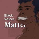 Black Voices Matter is displayed at left in white font over a pink background. A black and brown illustration of a person is at right.