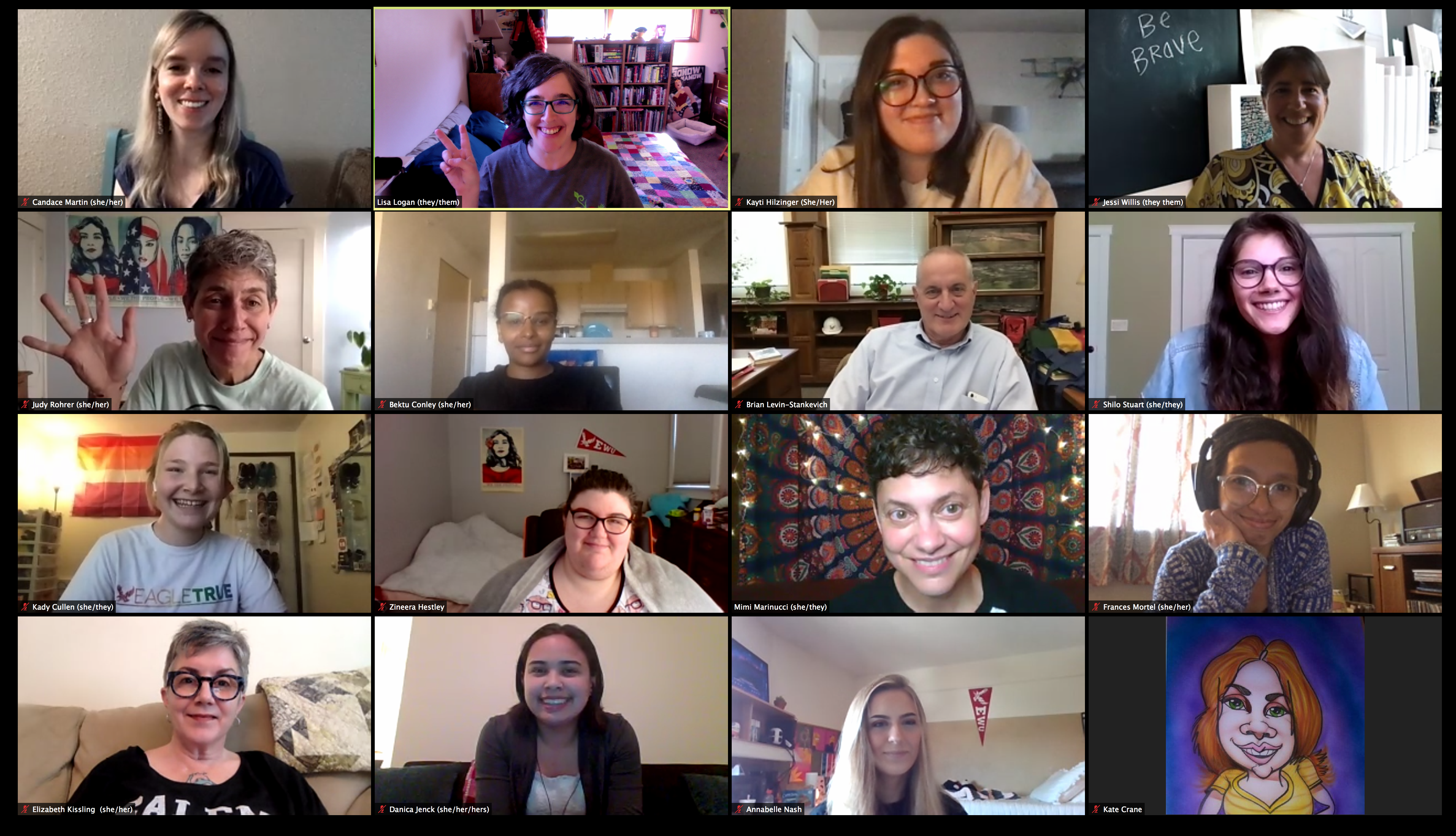 A screenshot of a Zoom meeting with 16 people smiling.