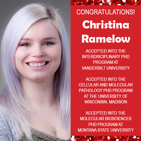 Photo of EWU Scholar Christina Ramelow next to red background with white text congratulating her for acceptance into multiple PhD programs.