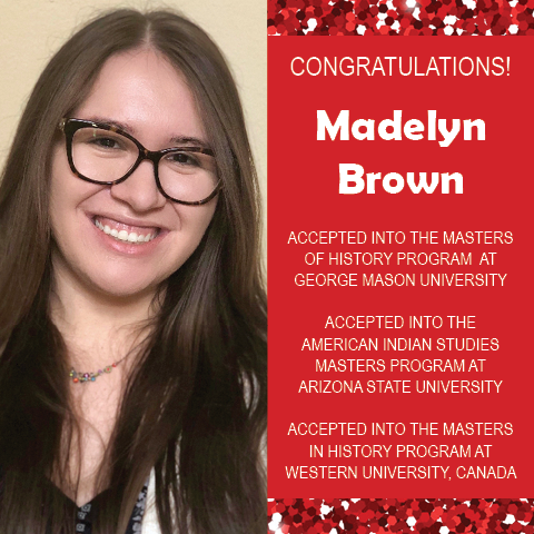 Photo of EWU McNair Scholar Madelyn Brown next to red confetti backdrop and text congratulating her on acceptance to multiple masters programs.
