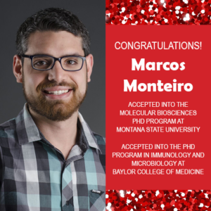 Photo of Marcos Monteiro next to red confetti background with text congratulating him on acceptance into two PhD programs.