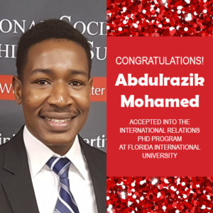 Photo of Abdulrazik Mohamed next to text announcing his acceptance to grad school, red confetti in the background