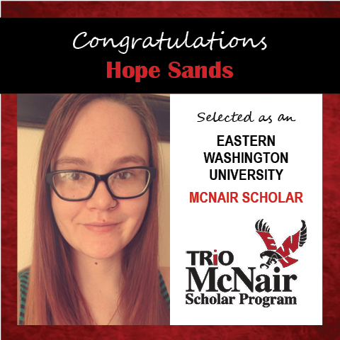Photo of Hope Sands next to text congratulating her with red textured border.