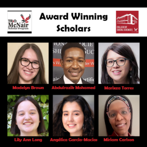 Image of EWU McNair Logo and EWU College of Social Sciences Logo on white banner at top with words in black: Award Winning Scholar. Images of 6 scholars and their names grouped below on black backdrop.