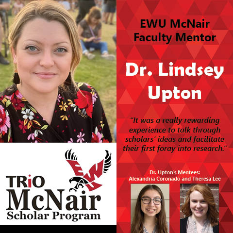 EWU McNair Faculty Mentor, Dr. Lindsey Upton, “It was a really rewarding experience to talk through scholars’ ideas and facilitate their first foray into research.” Mentees include Alexandria Coronado and Theresa Lee