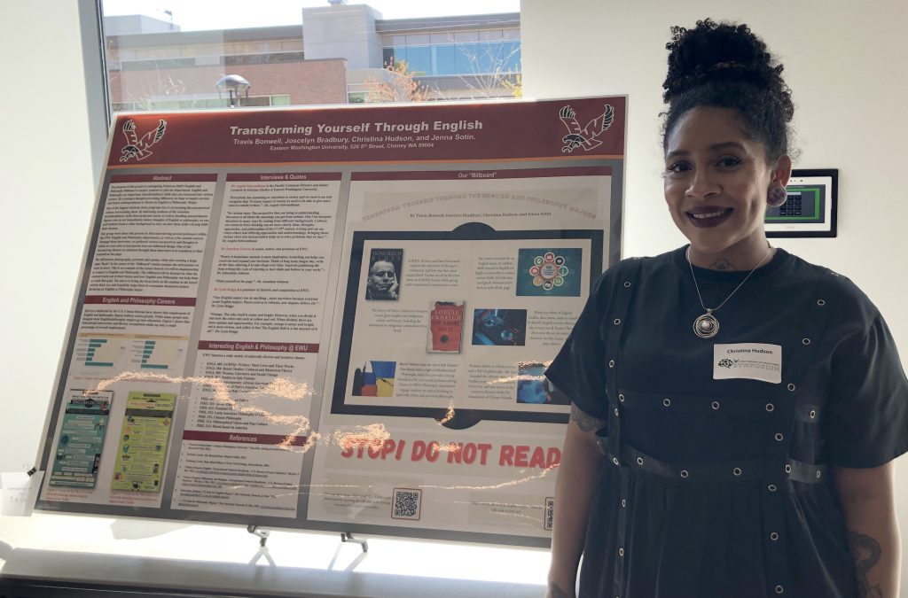 Christina Hudson presents her research poster, Transforming Yourself Through English.