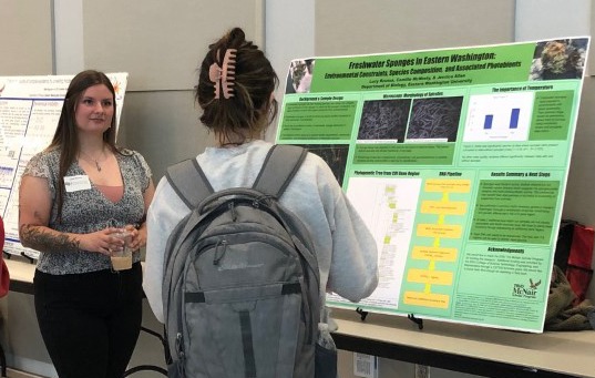 Lucia Roussa presents her research poster, Freshwater Sponges in Eastern Washington: Environmental Constraints, Species Composition, and Associated Photobionts.