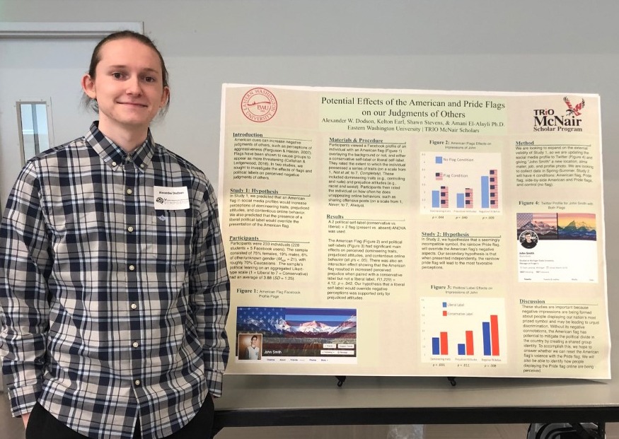 Alexander Dodson presents his research poster, Potential Effects of the American and Pride Flag on Our Judgments of Others.