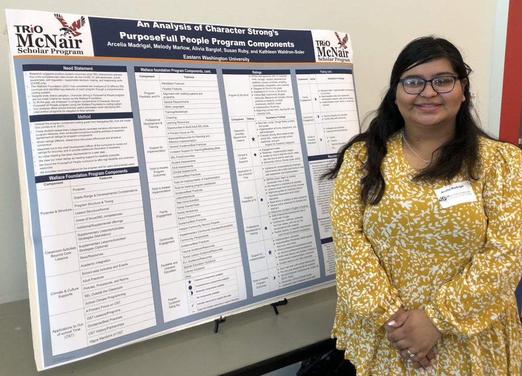 Arcelia Madrigal presents her research poster, An Analysis of Character: Strong’s PurposeFull People Program Components.