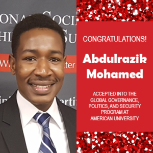 Photo of Abdulrazik Mohamed next to text announcing his acceptance to grad school, red confetti in the background