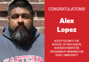 Photo of Alex Lopez next to red confetti background and text congratulating him.
