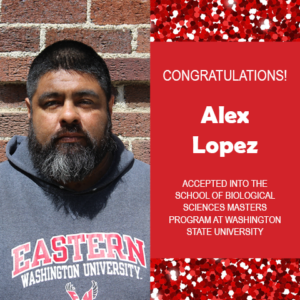 Photo of Alex Lopez next to red confetti background and text congratulating him.