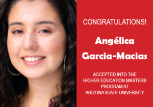 Photo of Angélica Garcia-Macias next to red confetti backdrop and text congratulating her.