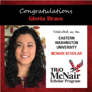 Photo of Gloria Bravo next to text congratulating her with red textured border.