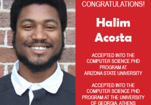 Photo of Halim Acosta next to text congratulating him on acceptance into graduate school