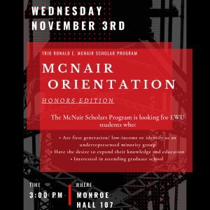 McNair Orientation, Honors Edition, November 3 at 3pm, 107 Monroe Hall, EWU