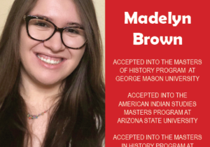 Photo of EWU McNair Scholar Madelyn Brown next to red confetti backdrop and text congratulating her on acceptance to multiple masters programs.