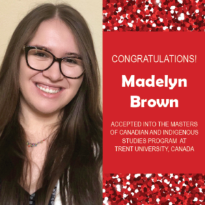 Photo of Madelyn Brown next to red confetti background with text congratulating her.