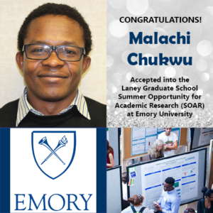 Photo of Malachi Chukwu next to logo of Emory University and photo of undergrads talking beside research posters.