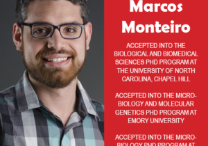 Photo of Marcos Monteiro next to text congratulating him for acceptance in three PhD programs.