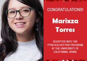 Photo of Marixza Torres next to red confetti background and white text on red congratulating her.
