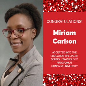 Photo of Miriam Carlson next red confetti background and white text on red congratulating her.