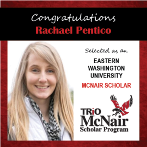 Photo of Rachael Pentico next to text congratulating her with red textured border.