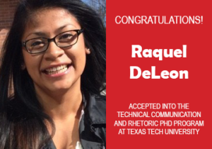 Photo of Raquel DeLeon next to red confetti backdrop and text congratulating her.