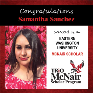 Photo of Samantha Sanchez next to text congratulating her with red textured border.