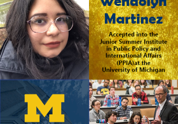 Photo of Wendolyn Martinez, logo for University of Michigan Ford School logo, picture of classroom at Ford, beside text: Congratulations Wendolyn Martinez!