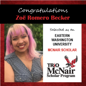 Photo of Zoe Romero Becker next to text congratulating her with red textured border.
