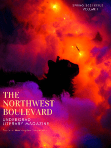 Cover of Northwest Boulevard's spring of 2021 issue. It features large clouds in the night sky. They are lit up by red and orange lights, giving the clouds a orange and purple hue
