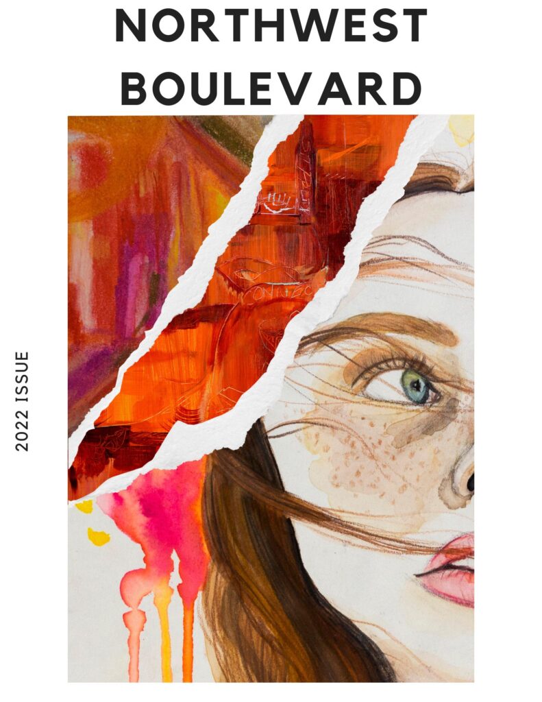 cover art of the Northwest Boulevard magazine 2023 issue. It features watercolor art of a brown haired women looking to the right. The page has a torn effect with three different sections from top right to bottom left. The main colors are red, orange, and purple with.