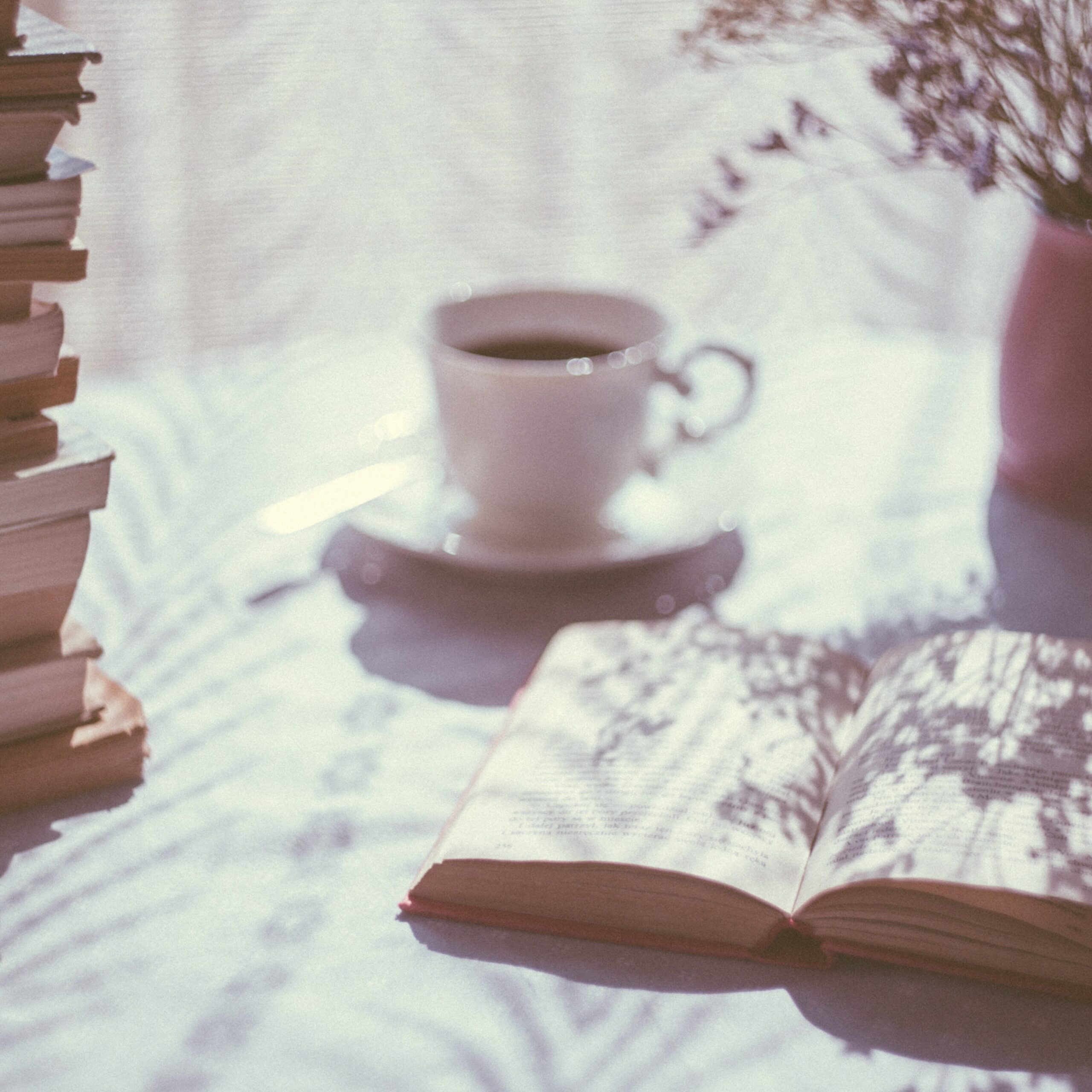 photo of a coffee cup and a book on the table. They lit by the sunlight coming through the window. Off to the sides are a stack of books and a potted plant