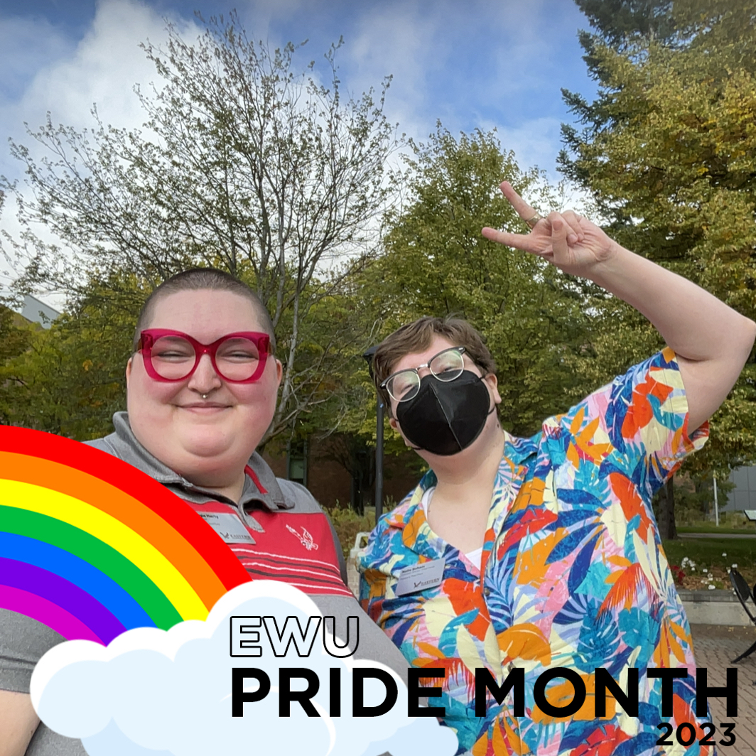 Two people smiling with EWU Pride month filter applied to the photo