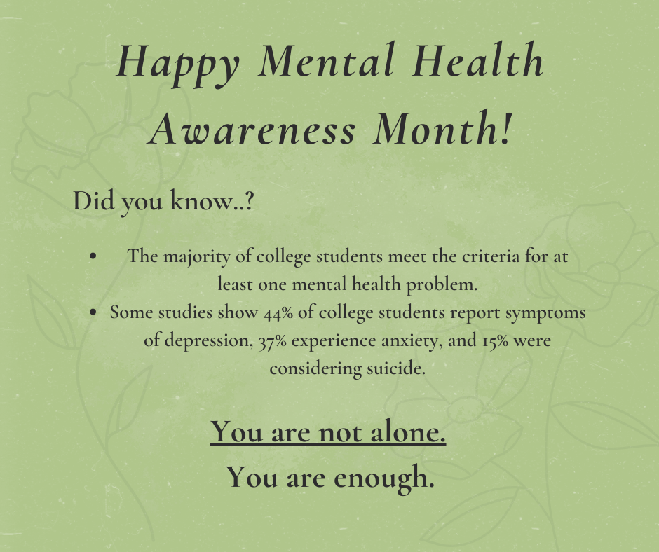 A green background reads: Happy mental health awareness month! Did you know..? The majority of college students meet the criteria for at least one mental health problem. Some studies show 44% of college students report symptoms of depression, 37% experience anxiety, and 15% were considering suicide. YOU ARE NOT ALONE. You are enough